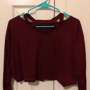 maroon long sleeve shirt with collar cut out